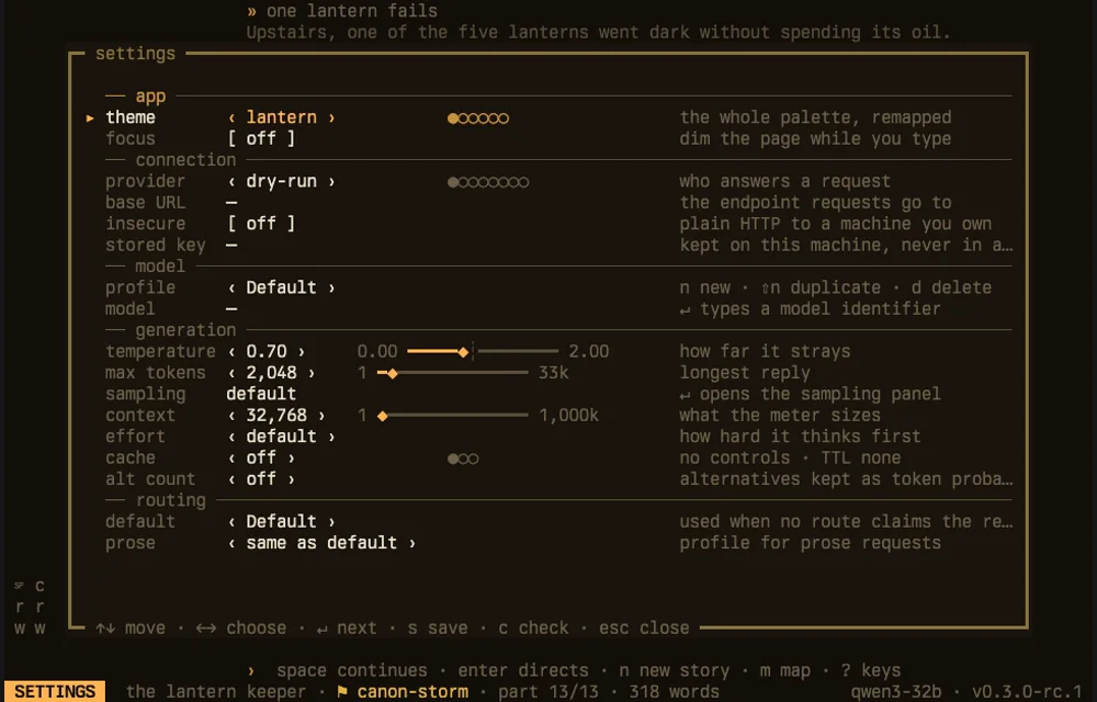 The 1667 settings sheet showing the dry-run provider, nary guidelines URL aliases API key, and the procreation controls.